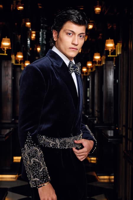 Shop_Mukti And Kavith Casa_Navy Cotton, Satin Beads, Sequins, Embroidery Midnight Regent Tuxedo Set _Online_at_Aza_Fashions