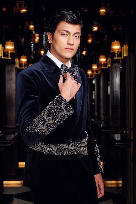 Mukti And Kavith Casa_Navy Cotton, Satin Beads, Sequins, Embroidery Midnight Regent Tuxedo Set _at_Aza_Fashions