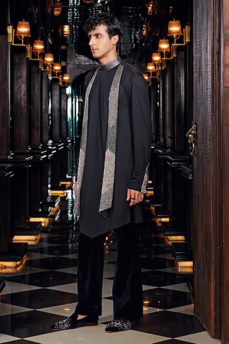 Shop Mukti And Kavith Casa Black Crepe Sequins, Zari Embroidered Kurta And Palazzo Set Online at Aza Fashions Shop_Mukti And Kavith Casa_Black Crepe Sequins, Zari Embroidered Kurta And Palazzo Set _Online_at_Aza_Fashions