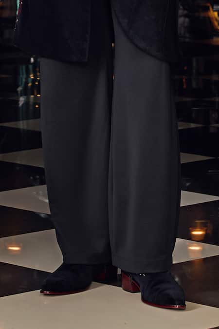 Mukti And Kavith Casa_Black Suede Embroidery, Sequins, Beads Crimson Noir Sherwani Set _Online_at_Aza_Fashions