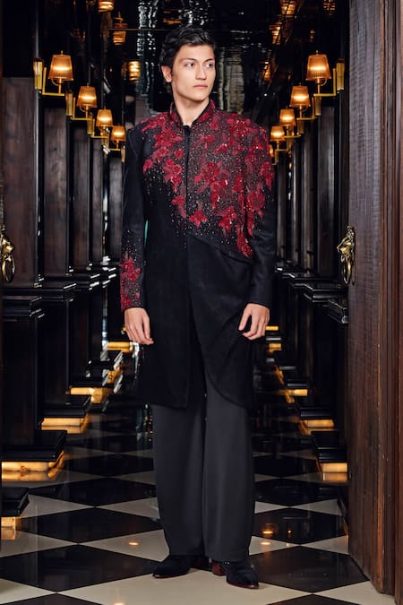 Mukti And Kavith Casa Crimson Noir Embroidered Sherwani Set 