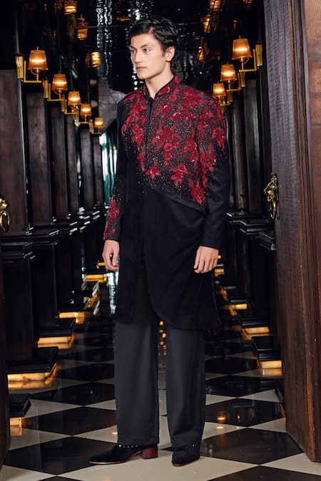 Mukti And Kavith Casa Crimson Noir Embroidered Sherwani Set 