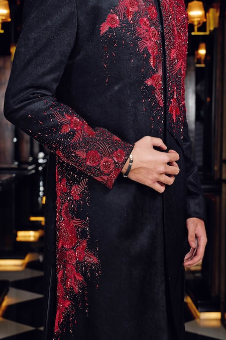 Shop_Mukti And Kavith Casa_Black Suede Embroidery, Sequins, Beads Crimson Noir Sherwani Set _Online_at_Aza_Fashions