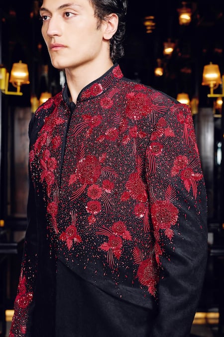 Mukti And Kavith Casa_Black Suede Embroidery, Sequins, Beads Crimson Noir Sherwani Set _at_Aza_Fashions