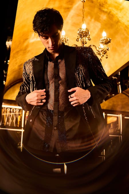 Shop_Mukti And Kavith Casa_Black Suede, Satin, Net Sequins, Metallic Thread, Beads Embellished Tuxedo Set _Online_at_Aza_Fashions