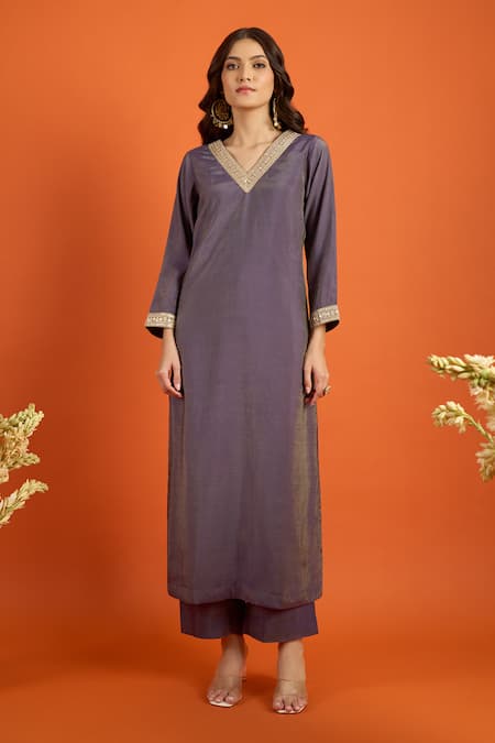 Buy_Naintara Bajaj_Purple Chiffon Embroidery, Foil Printing, Zari Kurta Set With Floral Dupatta _Online_at_Aza_Fashions