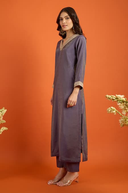 Shop_Naintara Bajaj_Purple Chiffon Embroidery, Foil Printing, Zari Kurta Set With Floral Dupatta _Online_at_Aza_Fashions