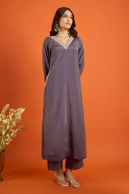 Buy_Naintara Bajaj_Purple Chiffon Embroidery, Foil Printing, Zari Kurta Set With Floral Dupatta 