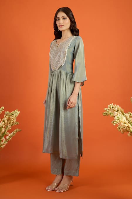 Shop_Naintara Bajaj_Grey Organza Embroidery, Beads Split V-neck Yoke Anarkali With Pant _Online_at_Aza_Fashions