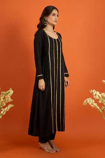 Shop_Khwaab By Sanjana Lakhani_Black Chiffon Embroidery Round Neck Side Gathered Kurta With Pant _Online_at_Aza_Fashions