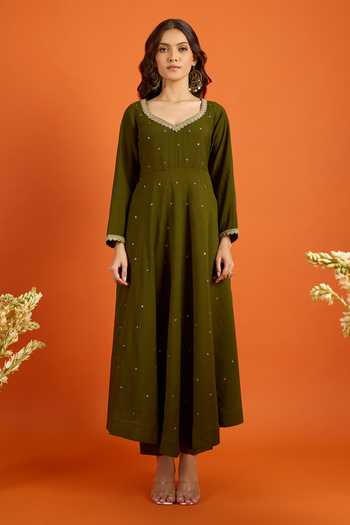 Buy_Khwaab By Sanjana Lakhani_Green Chiffon Sequins, Gota Patti V-neck Anarkali Set With Printed Dupatta _Online_at_Aza_Fashions