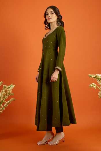 Buy_Khwaab By Sanjana Lakhani_Green Chiffon Sequins, Gota Patti V-neck Anarkali Set With Printed Dupatta 