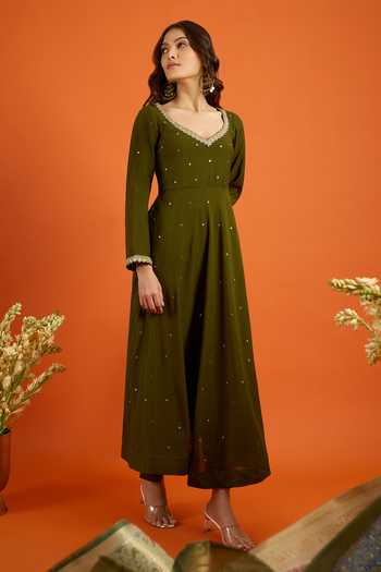 Shop_Khwaab By Sanjana Lakhani_Green Chiffon Sequins, Gota Patti V-neck Anarkali Set With Printed Dupatta 