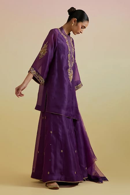 Bunka_Purple Organza Embroidery, Sequins, Zari Split V-neck, Aashra Kurta Sharara Set _Online_at_Aza_Fashions