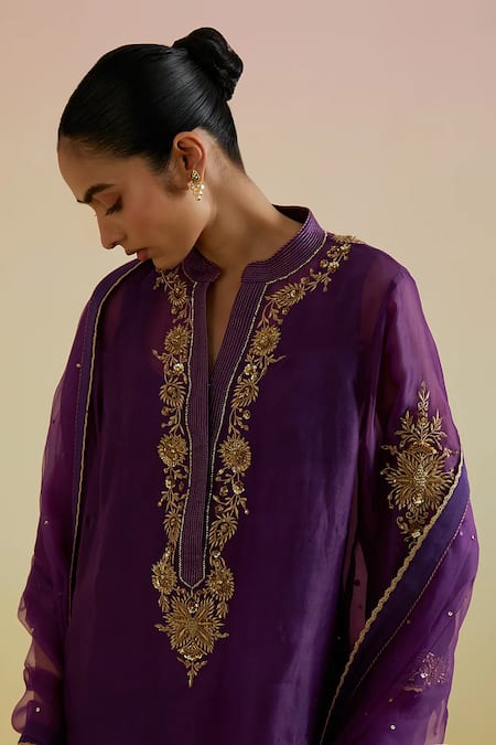 Shop_Bunka_Purple Organza Embroidery, Sequins, Zari Split V-neck, Aashra Kurta Sharara Set _Online_at_Aza_Fashions