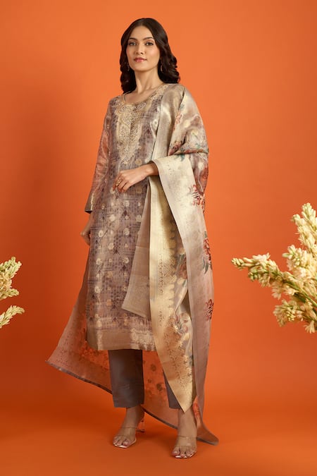 Buy_Naintara Bajaj_Brown Organza, Jacquard Embroidery, Zari, Foil Butti Pattern Straight Kurta Set _Online_at_Aza_Fashions