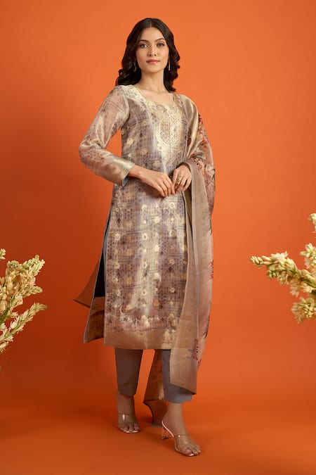 Shop_Naintara Bajaj_Brown Organza, Jacquard Embroidery, Zari, Foil Butti Pattern Straight Kurta Set _Online_at_Aza_Fashions