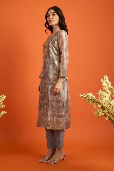 Buy_Naintara Bajaj_Brown Organza, Jacquard Embroidery, Zari, Foil Butti Pattern Straight Kurta Set 