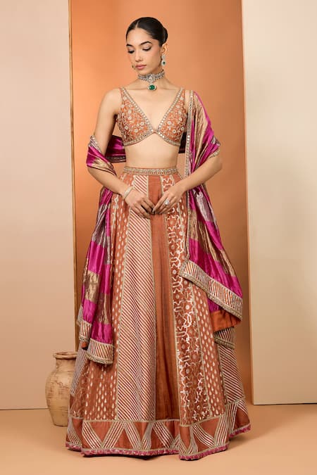 Shop_Neha Khullar_Orange Mirrors, Zari V-neck Zardozi Lehenga Set _Online_at_Aza_Fashions