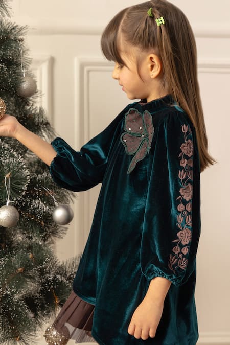 Buy_Risa Dreamworld_Green Velvet Embroidery, Sequins, Applique Dress _Online_at_Aza_Fashions