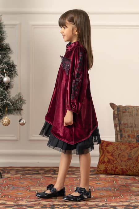 Risa Dreamworld_Maroon Velvet, Tulle Embroidery, Applique, Sequins Dress _Online_at_Aza_Fashions