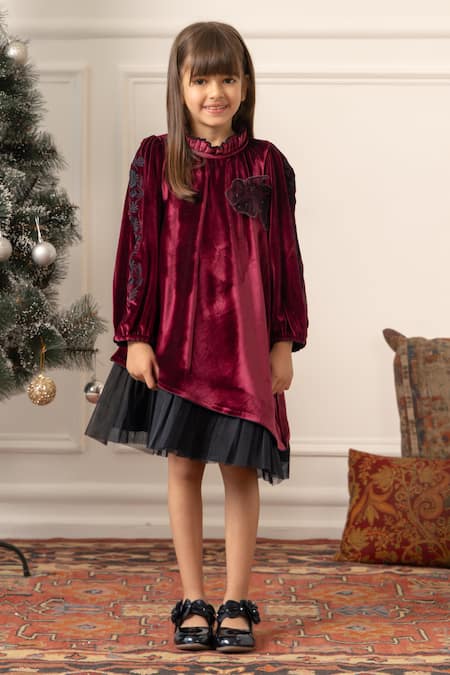 Buy_Risa Dreamworld_Maroon Velvet, Tulle Embroidery, Applique, Sequins Dress _Online_at_Aza_Fashions