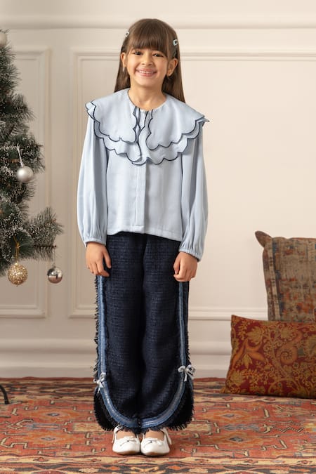 Risa Dreamworld_Blue Tweed, Satin Bows Chequered Pant Set _Online_at_Aza_Fashions