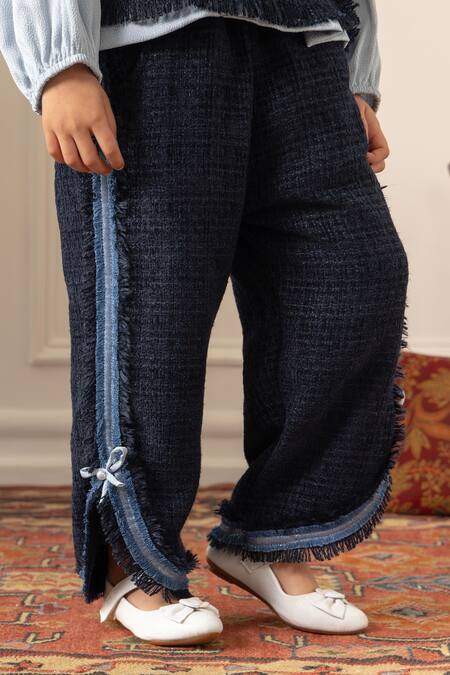 Shop_Risa Dreamworld_Blue Tweed, Satin Bows Chequered Pant Set _Online_at_Aza_Fashions