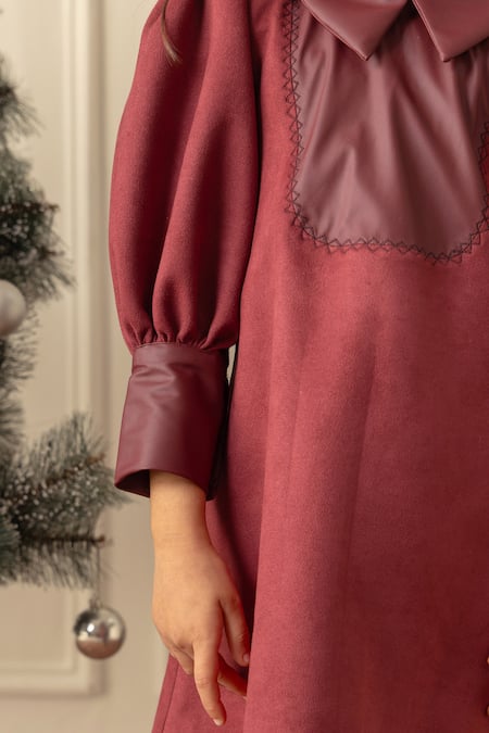 Buy_Risa Dreamworld_Maroon Suede, Leather Embroidery Contrast Collar Dress _Online_at_Aza_Fashions