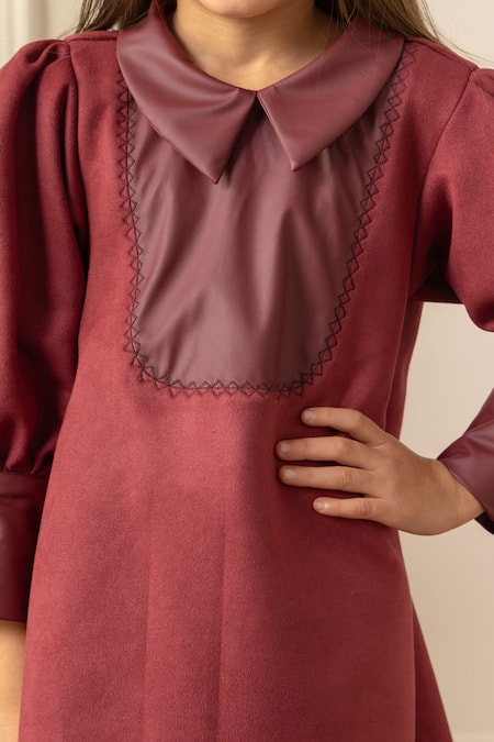 Shop_Risa Dreamworld_Maroon Suede, Leather Embroidery Contrast Collar Dress _Online_at_Aza_Fashions