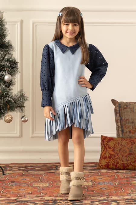 Risa Dreamworld_Blue Suede Fringe, Cut Work Ice Dress _Online_at_Aza_Fashions