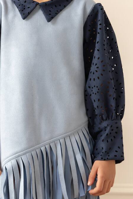 Shop_Risa Dreamworld_Blue Suede Fringe, Cut Work Ice Dress _Online_at_Aza_Fashions