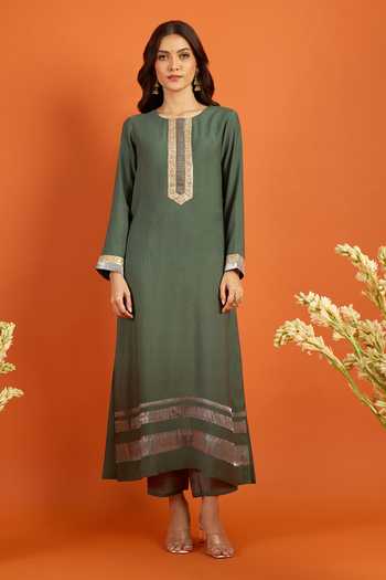 Buy_Khwaab By Sanjana Lakhani_Green Chiffon Embroidery Round Neck, Straight Kurta Set With Printed Dupatta _Online_at_Aza_Fashions