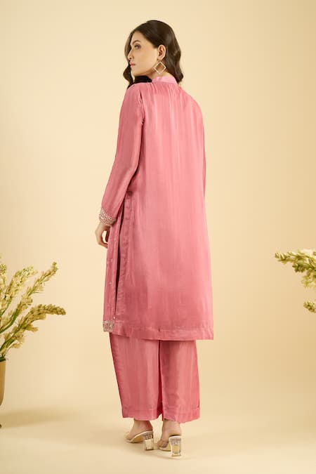 Buy Naintara Bajaj Pink Satin, Silk Embroidery, Sequins Mandarin Collar Scatter Kurta Set Online at Aza Fashions Buy_Naintara Bajaj_Pink Satin, Silk Embroidery, Sequins Mandarin Collar Scatter Kurta Set _Online_at_Aza_Fashions