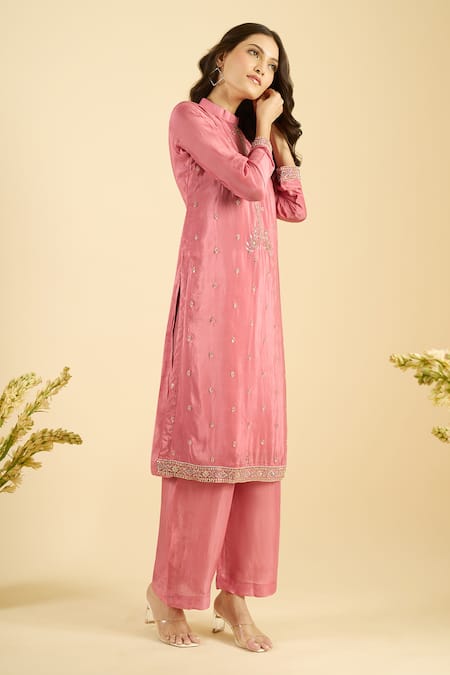 Shop Naintara Bajaj Pink Satin, Silk Embroidery, Sequins Mandarin Collar Scatter Kurta Set Shop_Naintara Bajaj_Pink Satin, Silk Embroidery, Sequins Mandarin Collar Scatter Kurta Set