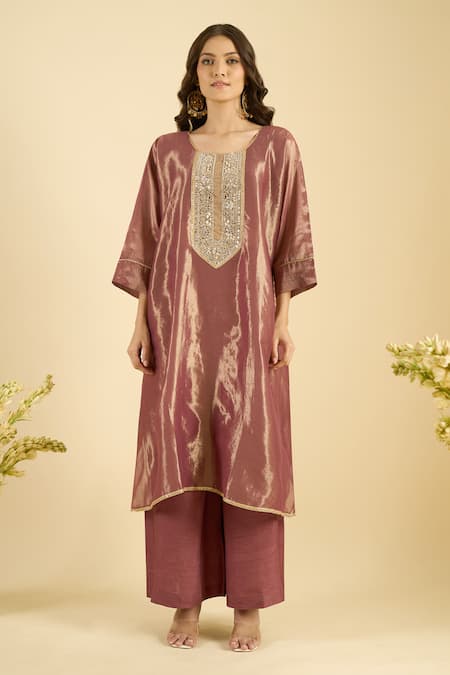 Buy_Naintara Bajaj_Magenta Organza Mirrors, Embroidery Round Neck Shimmer Kurta And Palazzo Set _Online_at_Aza_Fashions