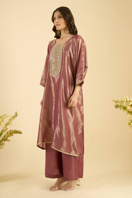 Shop_Naintara Bajaj_Magenta Organza Mirrors, Embroidery Round Neck Shimmer Kurta And Palazzo Set _Online_at_Aza_Fashions