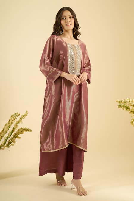 Shop_Naintara Bajaj_Magenta Organza Mirrors, Embroidery Round Neck Shimmer Kurta And Palazzo Set 
