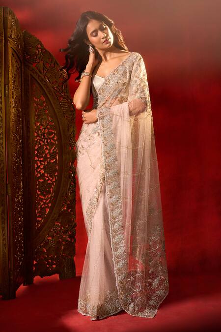Azeera_Pink Net Embroidery, Sequins, Floral Work Saree With Unstitched Blouse Piece _at_Aza_Fashions