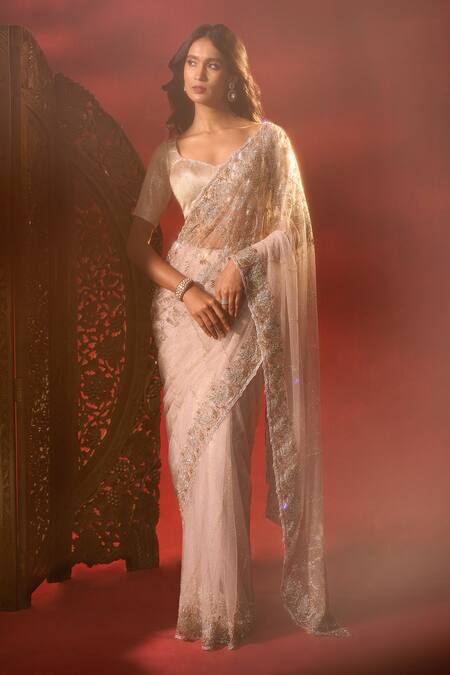 Shop_Azeera_Pink Net Embroidery, Sequins, Floral Work Saree With Unstitched Blouse Piece 