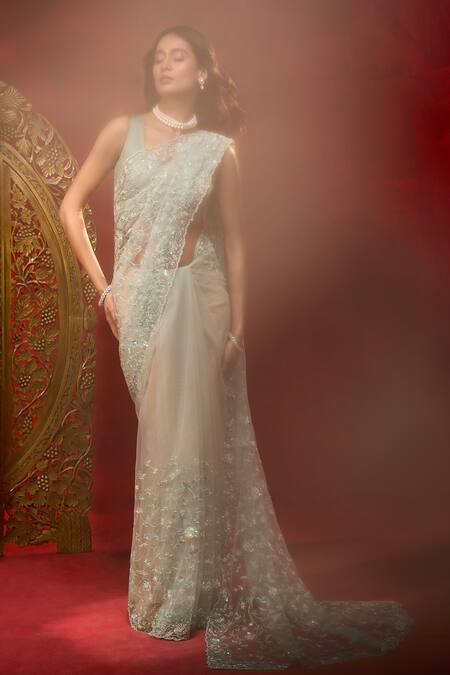 Buy_Azeera_Cream Net Embroidery Saree With Unstitched Blouse Piece _Online_at_Aza_Fashions