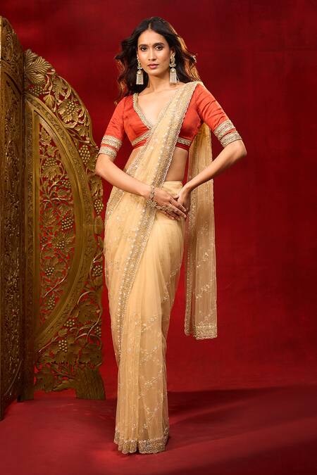 Shop_Azeera_Gold Net Embroidery, Sequins, Stones Work Saree With Unstitched Blouse Piece 