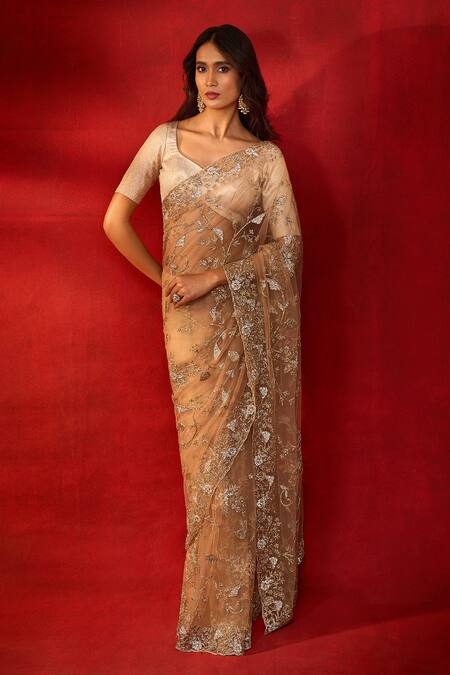 Buy_Azeera_Rose Gold Net Embroidery Floral Work Saree With Unstitched Blouse Piece 
