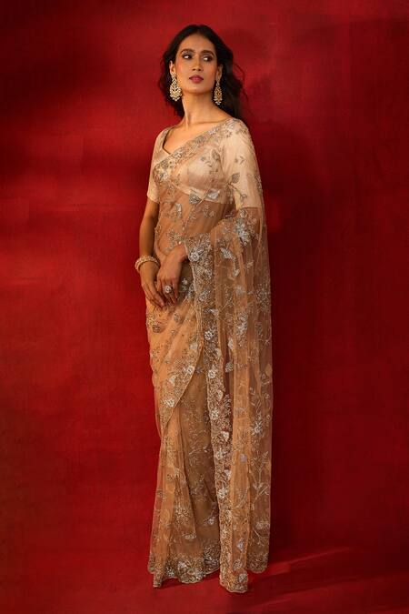 Shop_Azeera_Rose Gold Net Embroidery Floral Work Saree With Unstitched Blouse Piece 