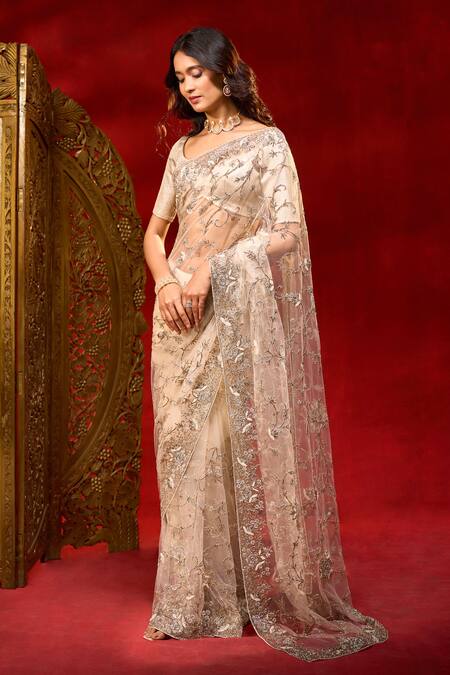 Azeera_White Net Embroidery, Sequins, Hand Work Saree With Unstitched Blouse Piece _Online_at_Aza_Fashions