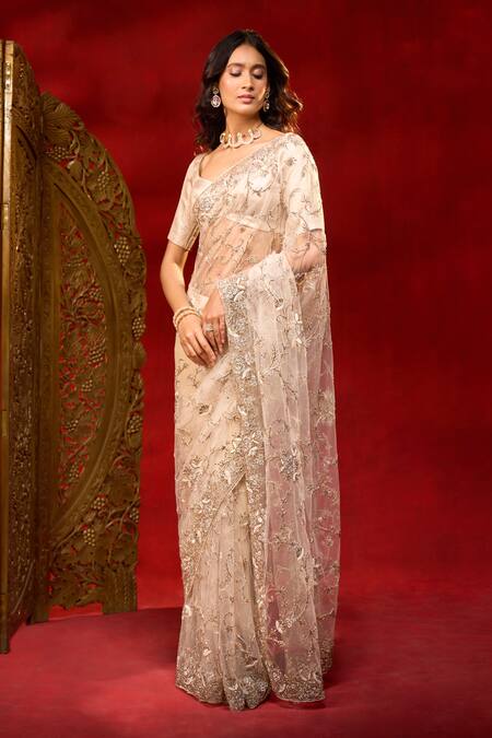Shop_Azeera_White Net Embroidery, Sequins, Hand Work Saree With Unstitched Blouse Piece _Online_at_Aza_Fashions