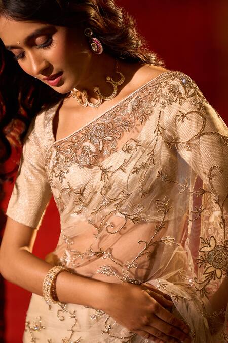 Buy_Azeera_White Net Embroidery, Sequins, Hand Work Saree With Unstitched Blouse Piece 