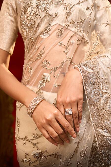 Shop_Azeera_White Net Embroidery, Sequins, Hand Work Saree With Unstitched Blouse Piece 