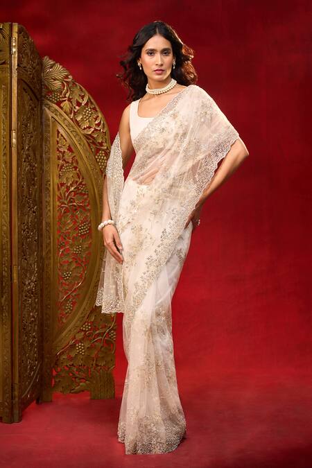 Shop_Azeera_Cream Net Embroidery, Sequins, Hand Work Saree With Unstitched Blouse Piece _Online_at_Aza_Fashions