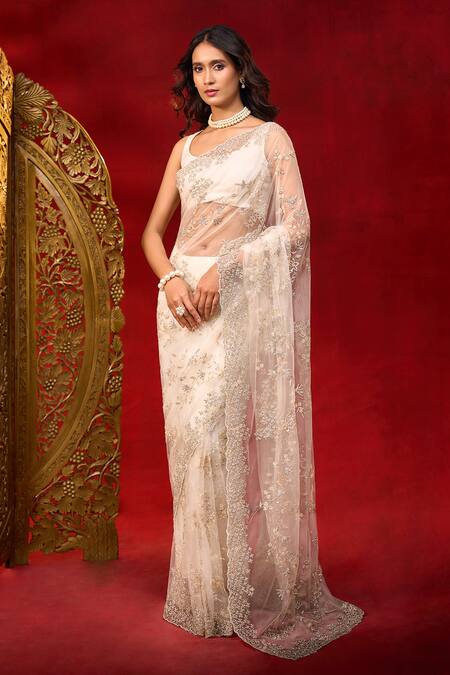 Azeera_Cream Net Embroidery, Sequins, Hand Work Saree With Unstitched Blouse Piece _at_Aza_Fashions